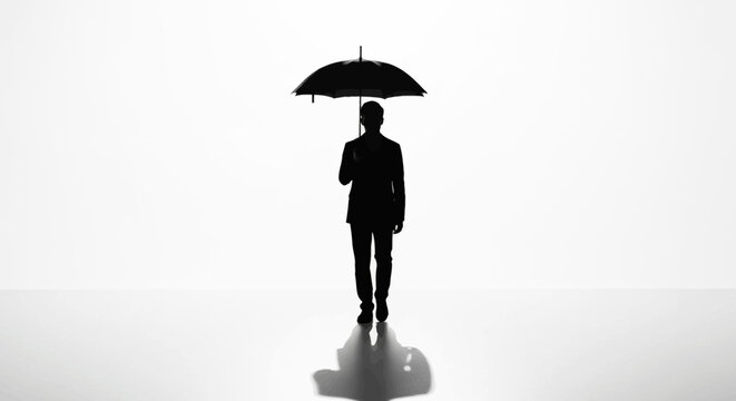 Silhouette of a businessman walking with an umbrella against a bright white background