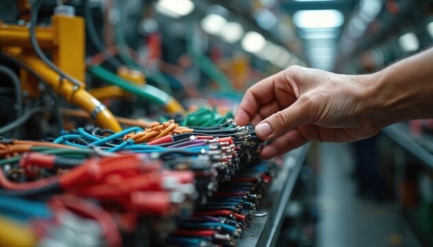 Male hand connects electrical wires on an assembly line. Worker organizes color coded cables for auto production. Manufacturing process, automotive industry detail.