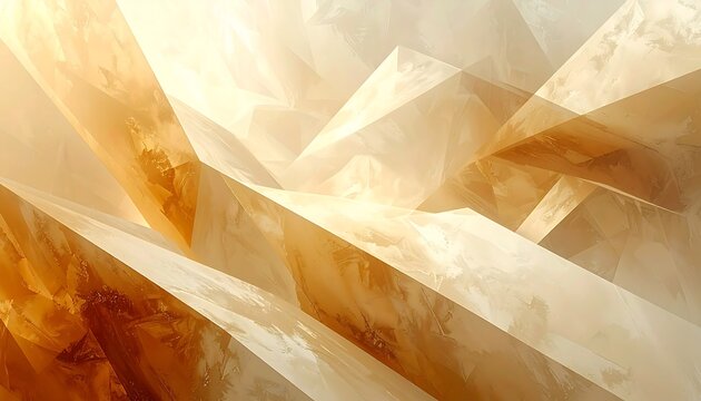 An abstract composition presenting multifaceted, crystalline forms in hues of gold and amber, conveying light and shadow
