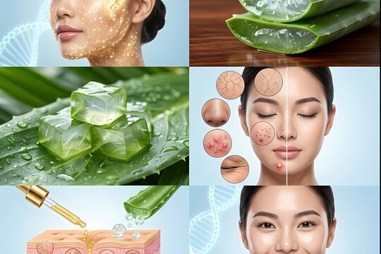 Aloe vera skincare concept with skin problems and treatment routine collage, natural dermatology care