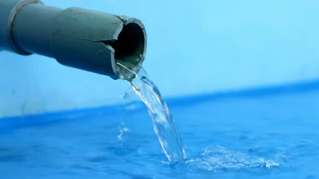Water pouring from a damaged gray pipe into a blue pool creating ripples and splashing effects