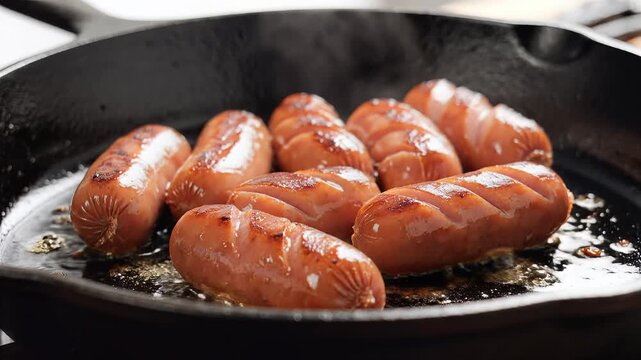 Delicious Sausages Sizzling in a Cast Iron Skillet.