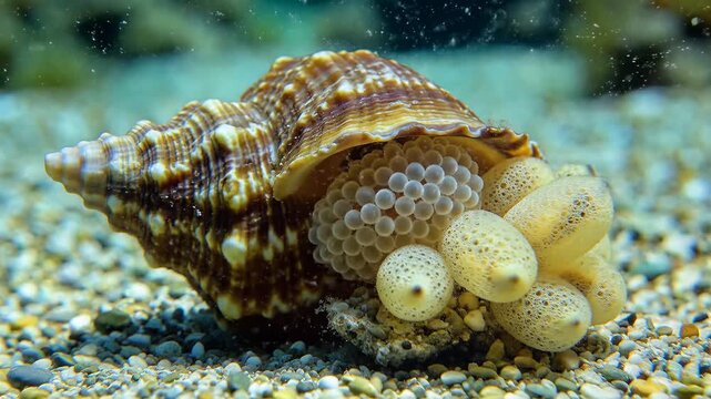 Closeup of a sea snail with egg sacs on the seabed.