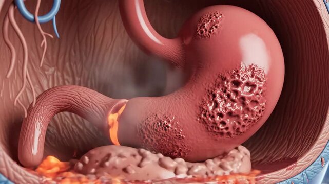 3D Medical Illustration of Gastric Ulcers and Acid Damage.