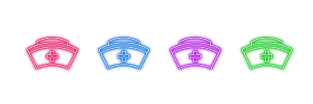 Neon glowing nurse hat vector icons set, healthcare, medical, nursing, hospital, clinic, care, assistance, vibrant colorful digital design illustration on transparent background.