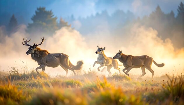 A majestic stag leads a pack of running canids through a foggy meadow towards a bright, golden sunrise in a forested landscape