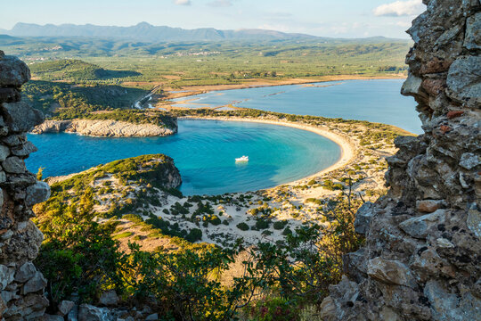 Voidokilia Beach View Through Old Navarino Fortress Ruins Greece