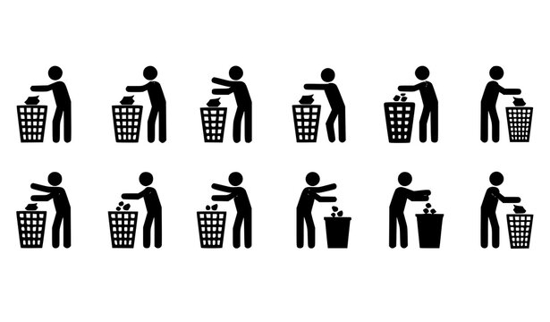 Trash disposal stick figure icon set with person throwing garbage into bin waste management symbol vector