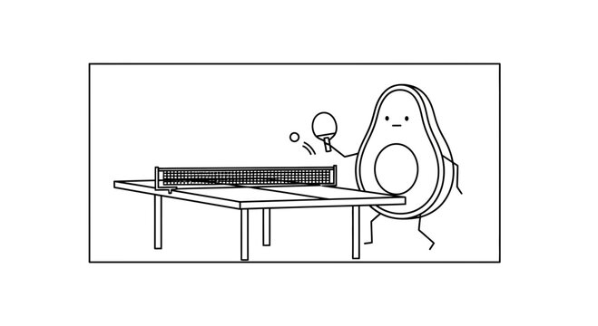 Funny avocado character playing ping pong, cartoon style, black and white illustration