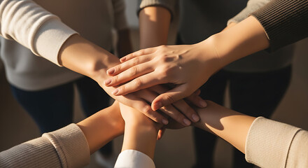 Obraz premium Close-up of a group of people stacking their hands together in a gesture of unity and teamwork, symbolizing collaboration and support.