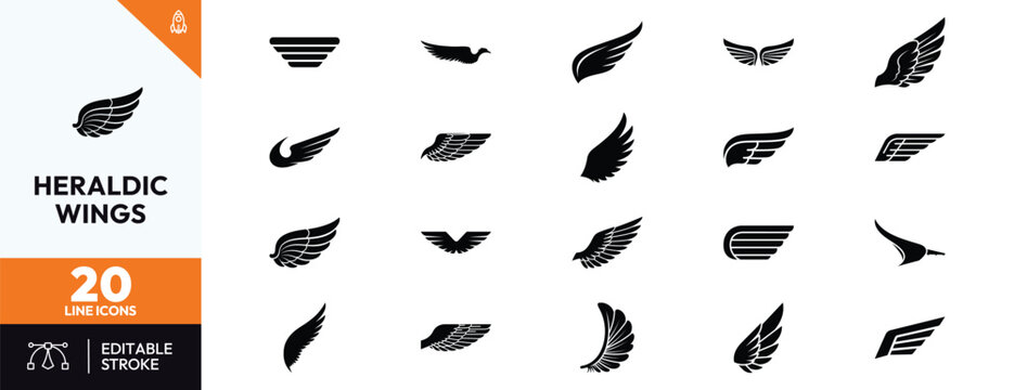 Set of twenty heraldic wing silhouettes for logo design and emblem creation including bird wings eagle wings angel wings and falcon wings for branding and tattoo art projects.