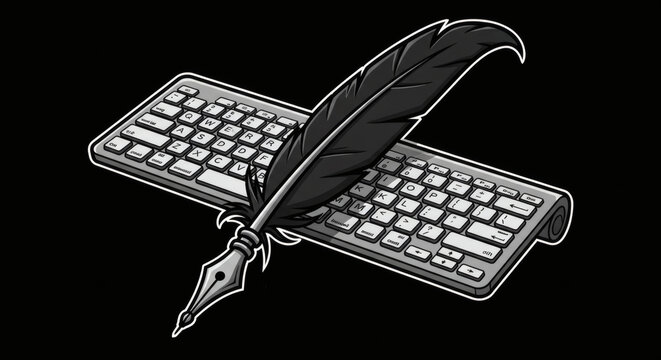 Quill Pen and Computer Keyboard Illustration in Black and White