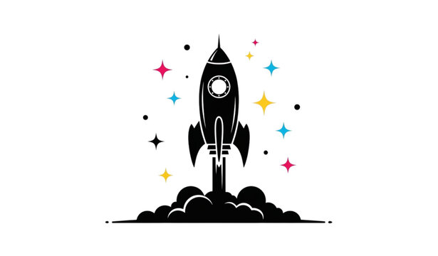 Black silhouette retro rocket launching with colorful sparkles startup success vector icon