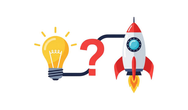 Creative business concept with lightbulb rocket and question mark representing idea to startup growth