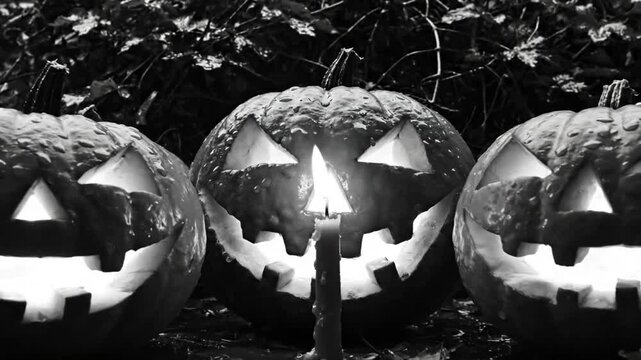 Spooky Halloween scene with three carved grinning jack o' lanterns lit by candlelight and surrounded by smoke.