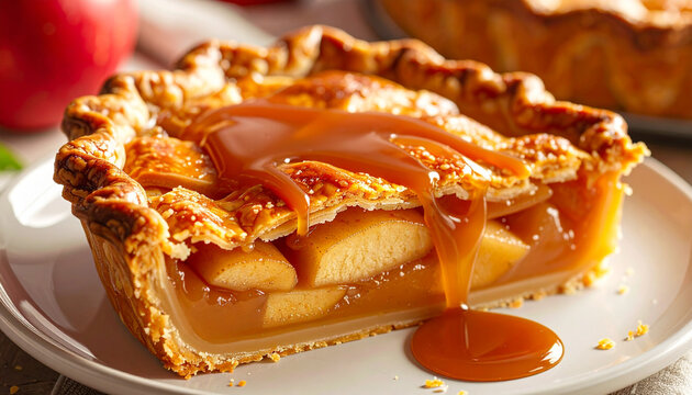 Apple pie slice with caramel glaze