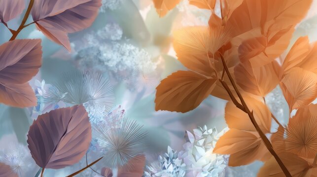 An abstract illustration of stylized leaves and flowers in warm, muted colors against a hazy backdrop