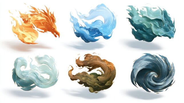 Six elemental shapes fire, water, earth, ice, air, and a vortex, softly painted