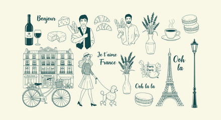 Paris France Travel Icons Set with Eiffel Tower Baguette Wine Macarons and Hand Drawn Line Artwork © vectorial