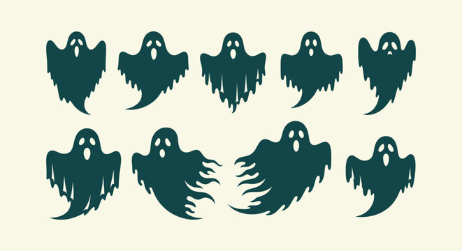 Set of Spooky Ghost Silhouettes for Halloween Decorations, Haunted Spirit Character Vector Graphics