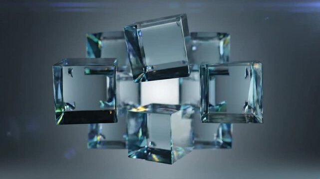 Abstract futuristic 3D animation of transparent crystal cubes floating and rotating against a soft backdrop
