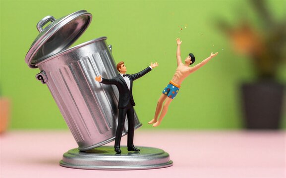 Man in suit near trash can other man leaps joyfully with confetti.