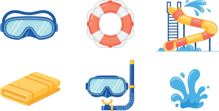 A vibrant collection of essential swimming and water activity items, perfect for summer fun and recreation.