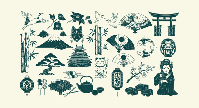 Traditional Japanese Cultural Symbols Collection with Fuji Geisha Sushi and Torii Gate Vector