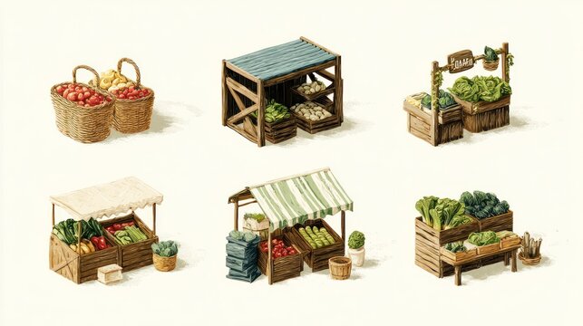 Illustration of various market stalls displaying an array of fresh produce