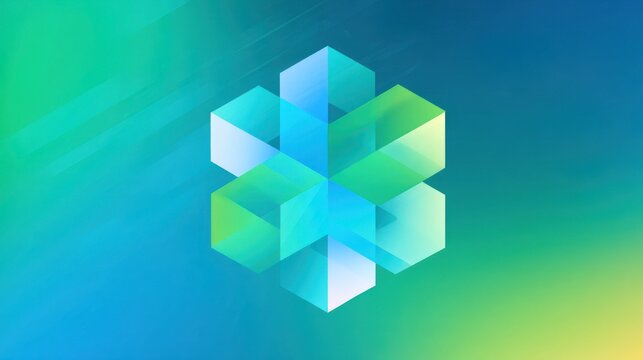 Abstract geometric design featuring interconnected translucent cubes in teal, light blue, and lime green on a teal and lime green gradient background
