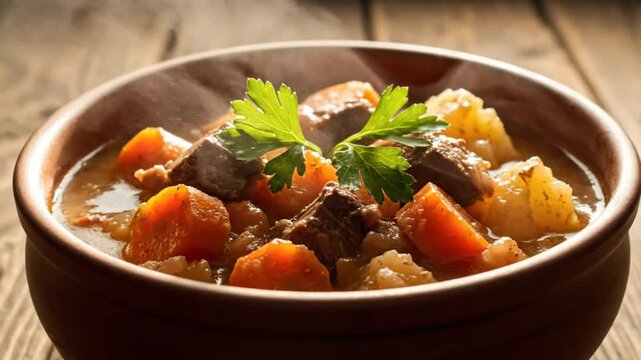 Delicious and comforting steaming beef stew served in a rustic brown bowl garnished with fresh parsley on wooden background