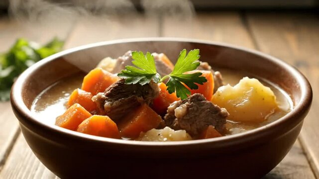 Steaming bowl of hearty beef stew with carrots, potatoes, and parsley garnish on rustic wooden table
