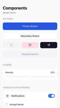 Animation of a mobile user interface design library featuring interactive buttons, sliders, toggles, and checkboxes. Concept of software development and digital user experience