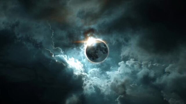 A timelapse view of a solar eclipse capturing the dramatic alignment of the sun and moon, glowing corona, shifting shadows, and mesmerizing celestial motion in a rare astronomical event