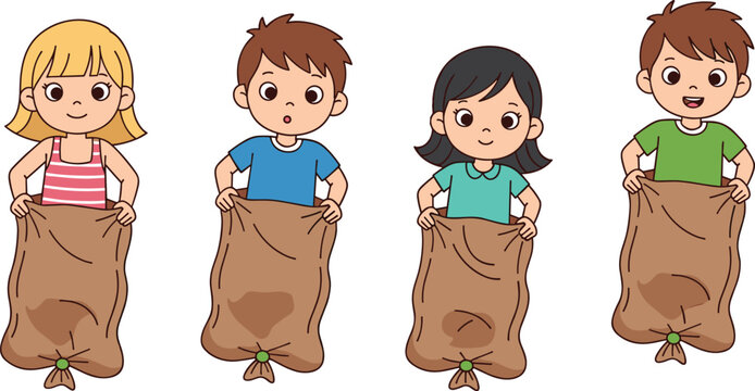 Cute kids sack race character set showing children jumping in potato sacks playing classic outdoor lawn game at birthday party