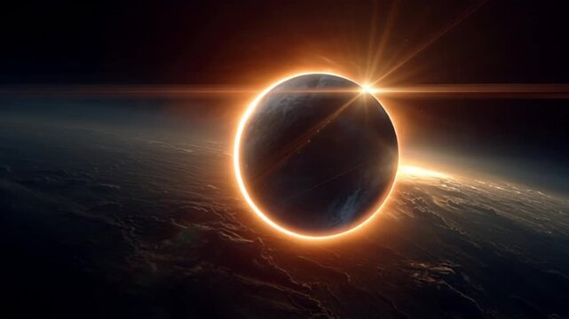A timelapse view of a solar eclipse capturing the dramatic alignment of the sun and moon, glowing corona, shifting shadows, and mesmerizing celestial motion in a rare astronomical event