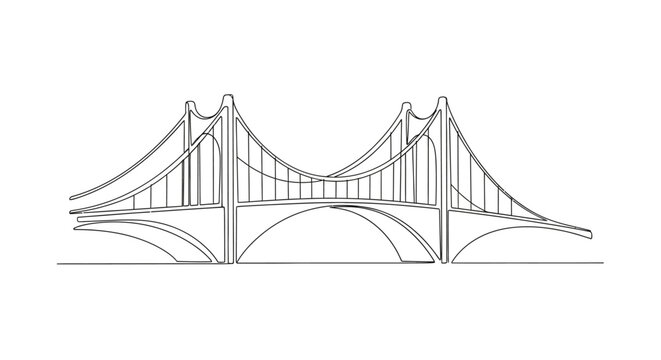 Minimalist Suspension Bridge Line Drawing, Architectural Sketch, Urban Infrastructure