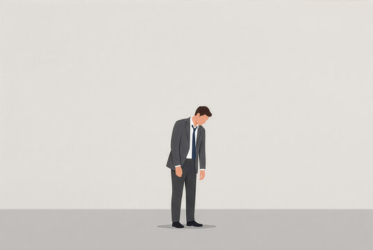 虚空にうなだれて立つスーツ姿の男性・深い孤独と絶望を表すミニマルフラットイラスト