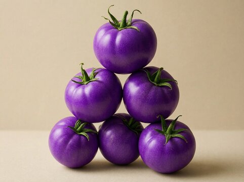 A sculptural composition of lilac tomatoes. The tomatoes are organically arranged one above the other against a soft, neutral beige background..