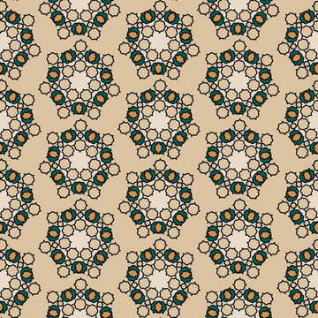 Intricate heptagonal floral mandala seamless vector pattern in copper ochre and pine teal on a warm golden background. Elegant, symmetrical design for wallpaper, fabric, and decor