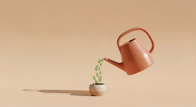 Watering can pouring water on plant.