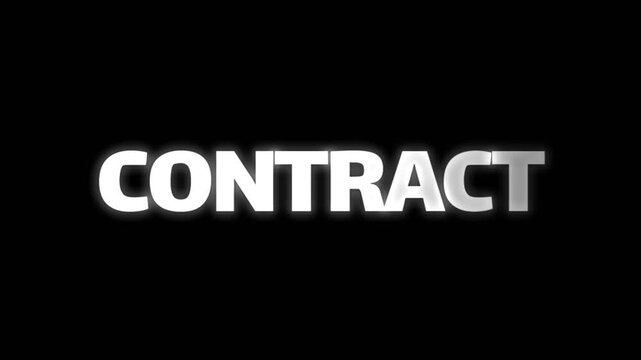 Clean contract text animation with bold white glowing letters on dark background, perfect for business agreements, legal themes, and corporate visuals.