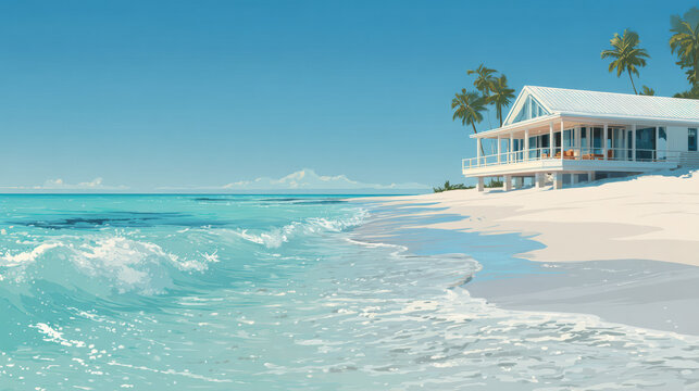 Coastal Paradise: An idyllic coastal scene of a luxurious house near the shore. With the endless sea of crystal-clear turquoise waters lapping the sandy shore.