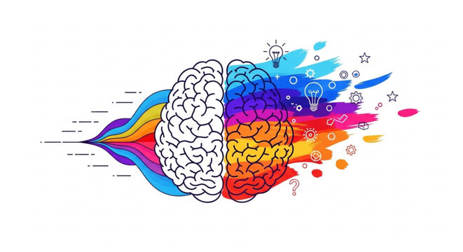 Creative vector illustration of split brain concept showing logical side versus imaginative side with colorful abstract elements on white background