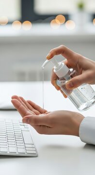 Hand applying hand sanitizer at desk.