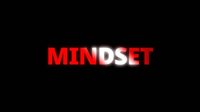 Simple animated text showing the word mindset on dark background, bold glowing typography for motivation concept, success thinking, personal growth, or powerful intro title.