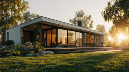 Fototapeta premium Modern Home in Nature's Embrace: A sleek, contemporary residence blends seamlessly with its natural surroundings, featuring expansive glass walls that invite the outdoors in.