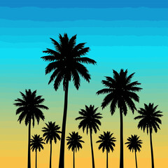 Obraz premium Tropical vector graphic illustration featuring numerous palm tree silhouettes against a vibrant gradient sky design