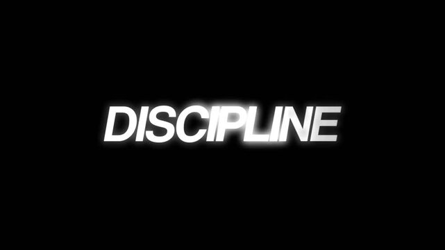 Bright white discipline text with soft glow on a black background, representing self control, consistency, strong mindset, and personal growth concept.