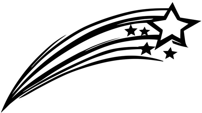 Stylized black and white shooting star graphic with a dynamic trail of smaller stars, celestial vector design element